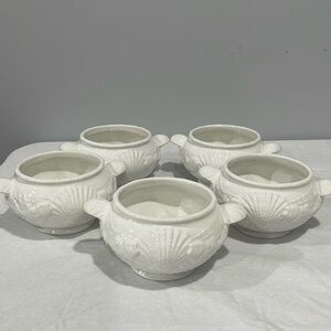 Nantucket pottery soup bowls set of 5 white glazed ceramic embossed seashells